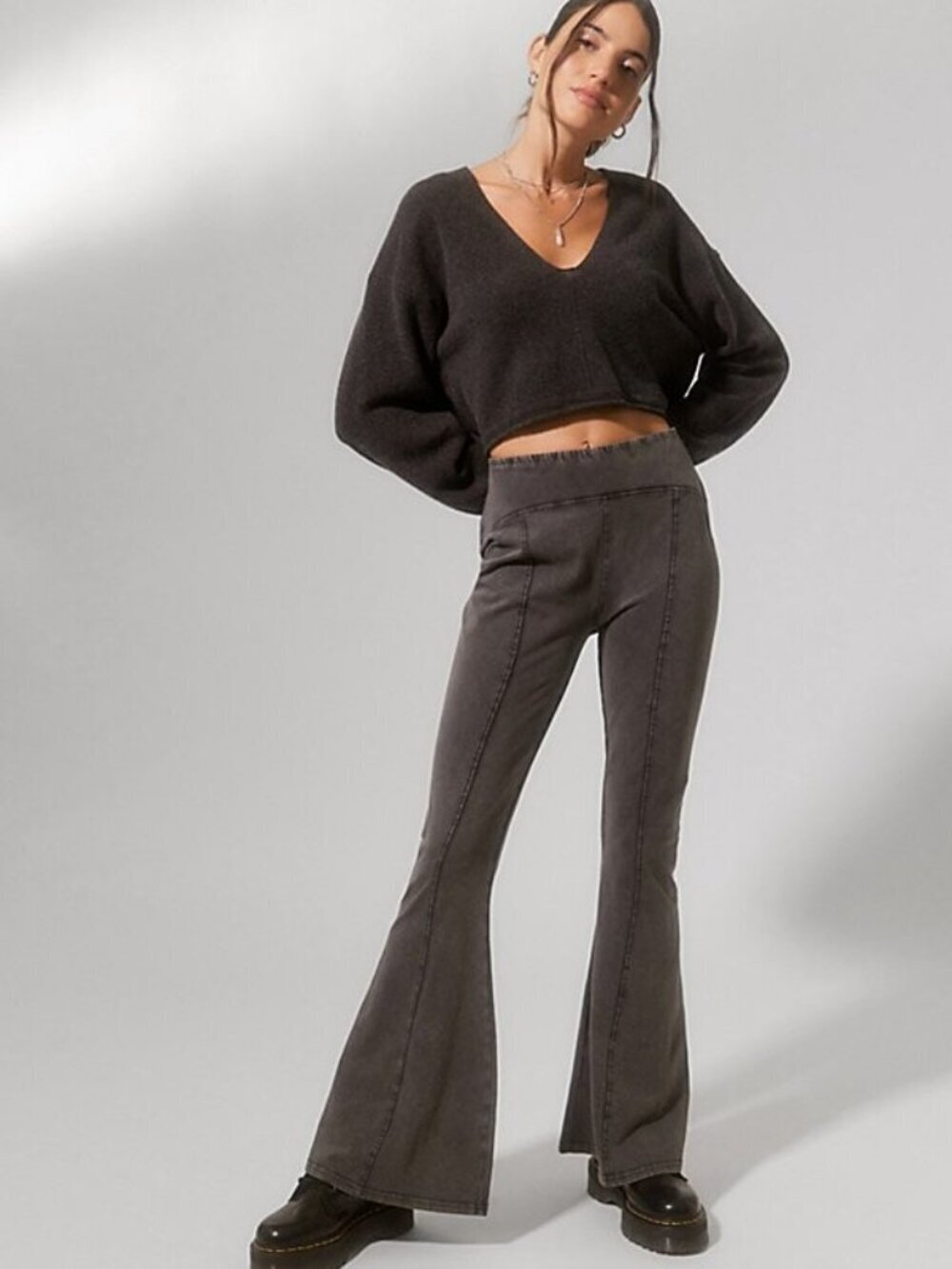 Urban Outfitters OUT FROM UNDER Aria Grey Cotton Seamed Flared Pants, Size S
